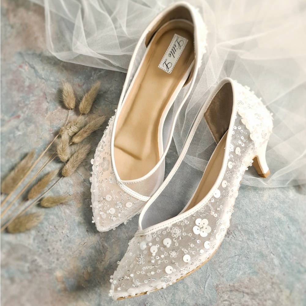 Bridal White Embellished Low Heel Pumps